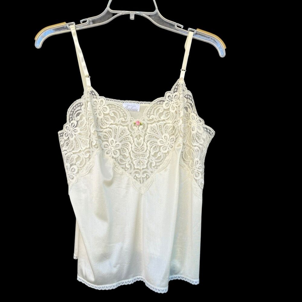 Vintage Applause Womens Y2K Camisole Small Cream‎ Lace Trim Adjustable Rose 90s